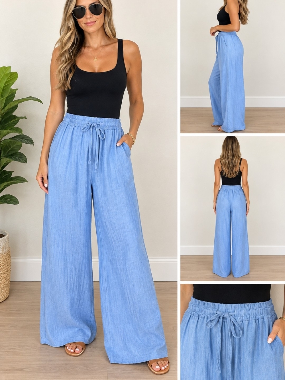 Wide Leg Drawstring Linen-Blend Pants - Light Blue
